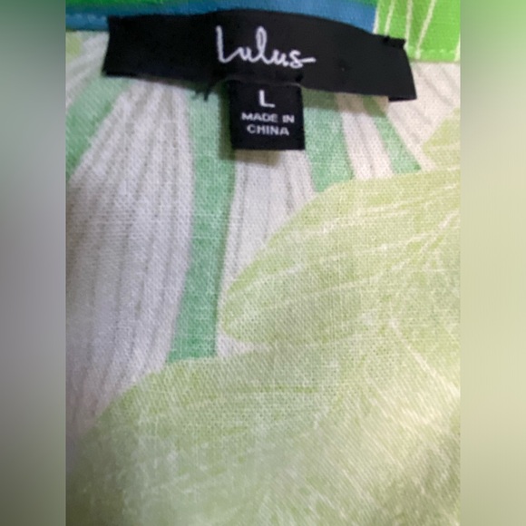 EUC LULU’S South Beach Sweetie Green Tropical Print Linen Button-Up Top Size L - Picture 7 of 8